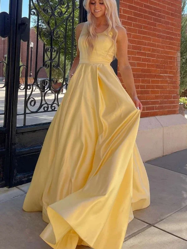 custom-made party dressesSimple Round Neck Yellow Satin Long Prom Dresses with Pocket, Long Yellow Formal Graduation Evening Dresses SP2534