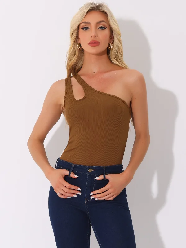 women's tops with sleeveless designsLeotard Shirt One Shoulder Ribbed Knit Slim Fit Bodysuit Tank Tops