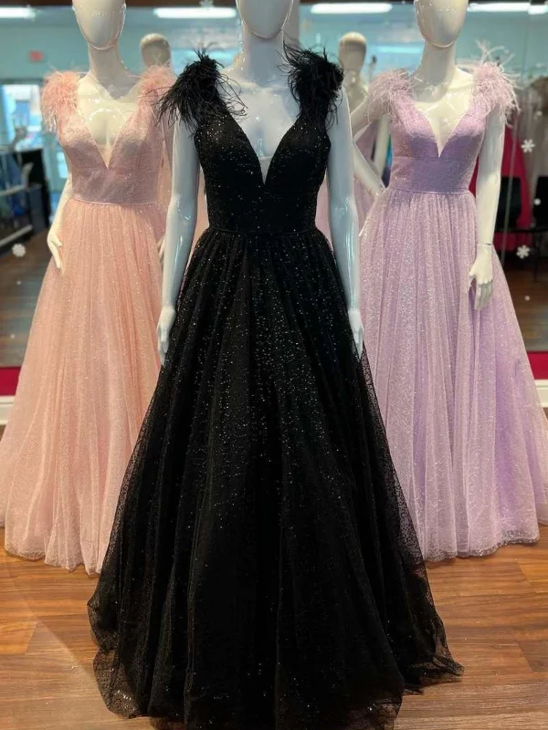 polka dot party dressesShiny Tulle A Line V Neck Pink/Black/Purple Long Prom Dresses with High Slit, Long Pink/Black/Purple Formal Graduation Evening Dresses SP2644