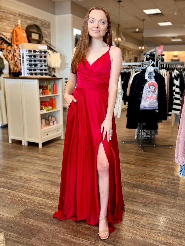 ready-to-wear party dressesSimple V Neck Red Satin Long Prom Dresses with Leg Slit, V Neck Red Formal Graduation Evening Dresses SP2584