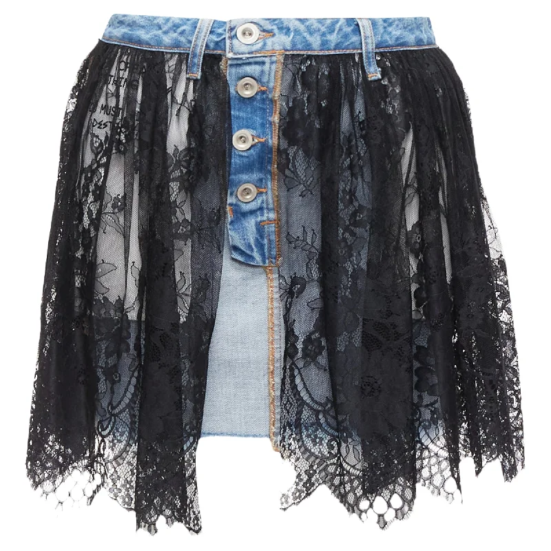 women's knitted mini skirts for casual wearUnravel Project Floral Lace Ruffle Denim Inside Out Skirt