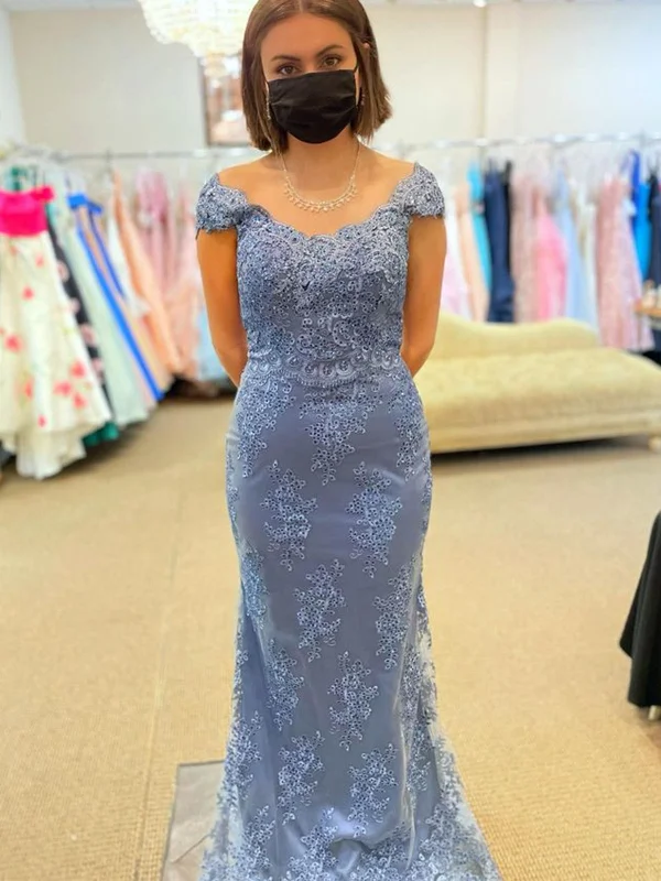 comfortable party dressesMermaid Off Shoulder Beaded Blue Lace Long Prom Dresses, Mermaid Blue Formal Dresses, Blue Lace Evening Dresses SP2382