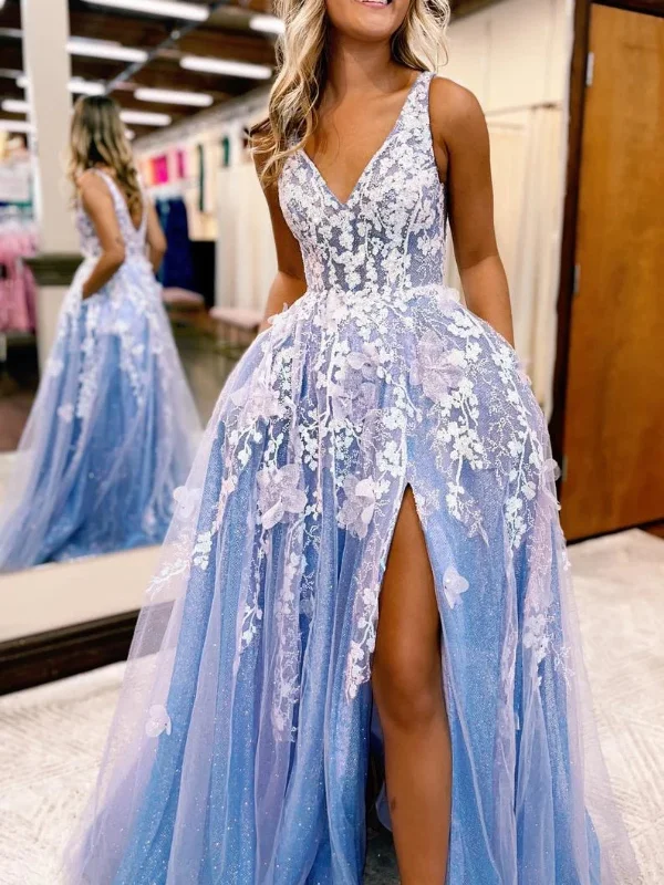 ready-to-wear party dressesShiny V Neck Blue Tulle White Lace Floral Long Prom Dresses with High Slit, Blue Formal Evening Dresses with White Appliques SP2572