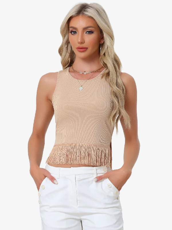 women's stylish topsCrew Neck Sleeveless Crop Tassel Trim Ribbed Knit Tank