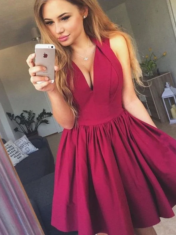 curve-hugging party dressesCute V Neck Backless Layered Burgundy Short Prom Dresses Homecoming Dresses, Backless Burgundy Formal Graduation Evening Dresses, Burgundy Cocktail Dresses