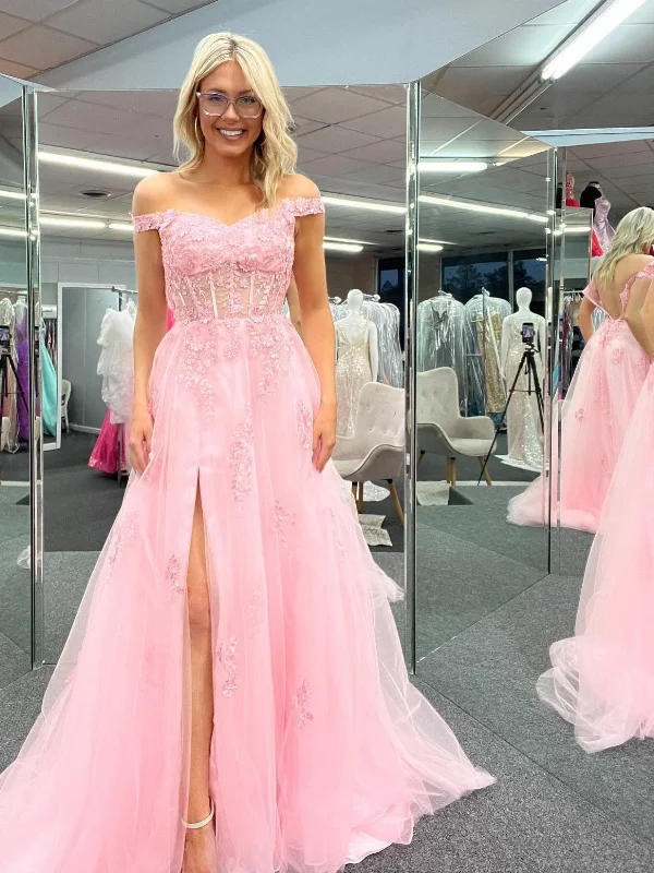 long party dressesOff Shoulder Pink Lace Long Prom Dresses with High Slit, Pink Lace Formal Dresses, Off the Shoulder Pink Evening Dresses SP2556