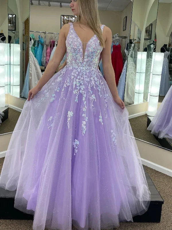 plus-size party dressesV Neck Open Back Purple Tulle Long Prom Dresses with Lace Appliques, Purple Lace Floral Long Formal Dresses, Purple Evening Dresses SP2598