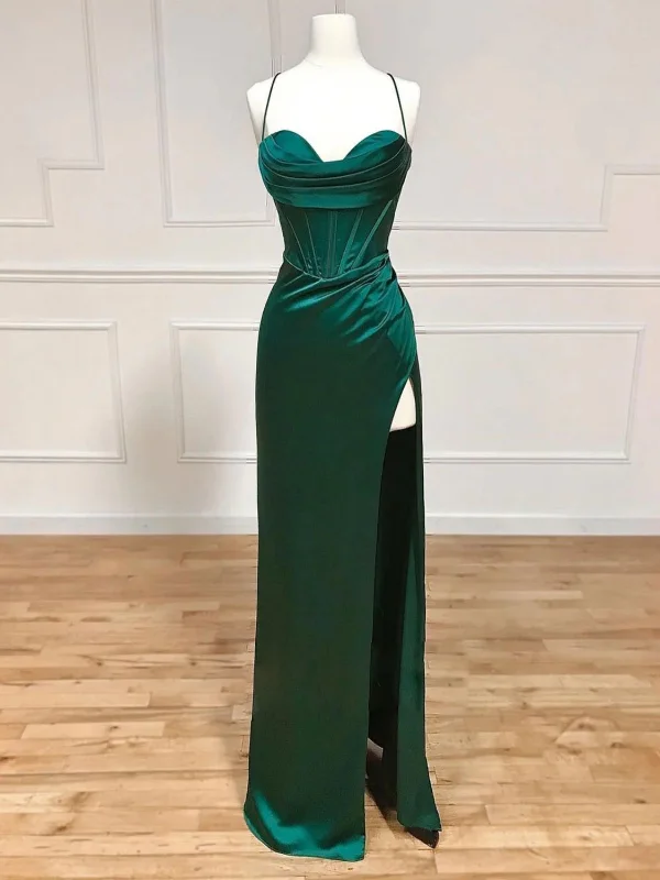 winter party dresses (with tights)Sweetheart Neck Green Satin Long Prom Dresses with High Slit, Long Green Formal Graduation Evening Dresses SP2607