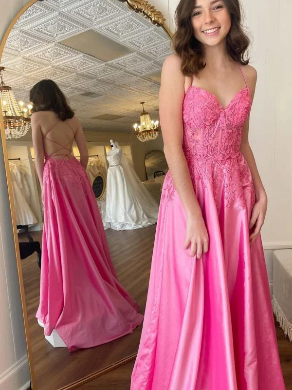 glam party dressesA Line V Neck Backless Pink Lace Long Prom Dresses, Pink Lace Formal Dresses, Pink Evening Dresses SP2581