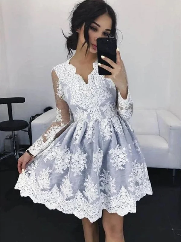 empire waist party dressesV Neck Long Sleeves Gray Lace Short Prom Homecoming Dresses, Gray Lace Formal Graduation Evening Dresses, Grey Cocktail Dresses