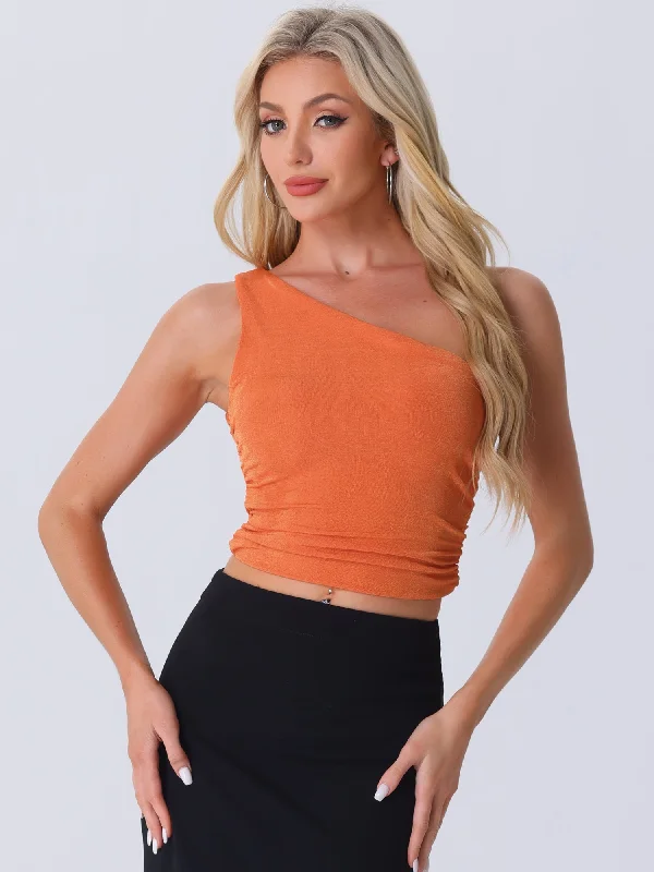 off-the-shoulder women's topsSleeveless One Shoulder Ruched Cropped Tank Top