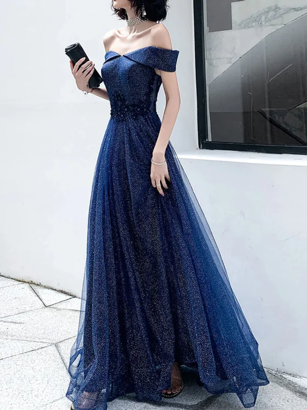 maxi party dressesShiny Tulle Off Shoulder Navy Blue Long Prom Dresses, Off the Shoulder Formal Dresses, Navy Blue Evening Dresses SP2563