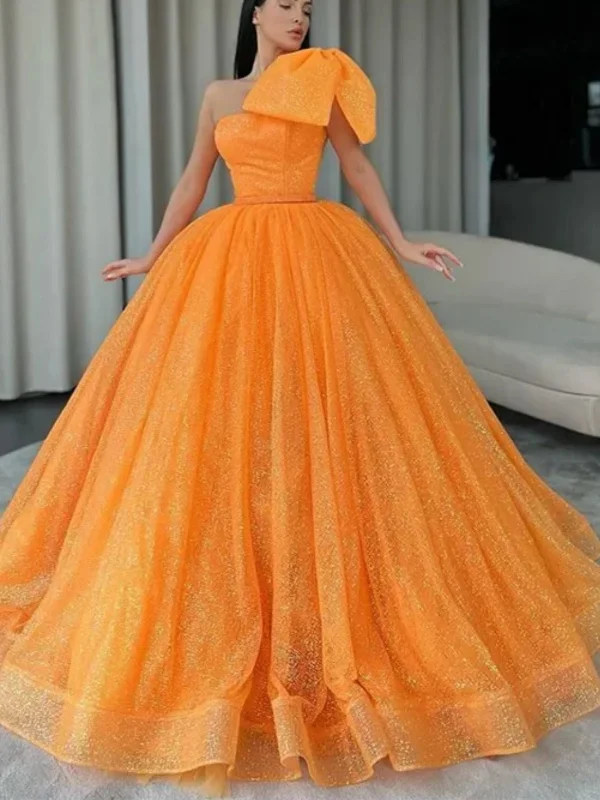 ball gown party dressesShiny Tulle One Shoulder Orange Long Prom Dresses, Orange Tulle Formal Evening Dresses, Ball Gown SP2623