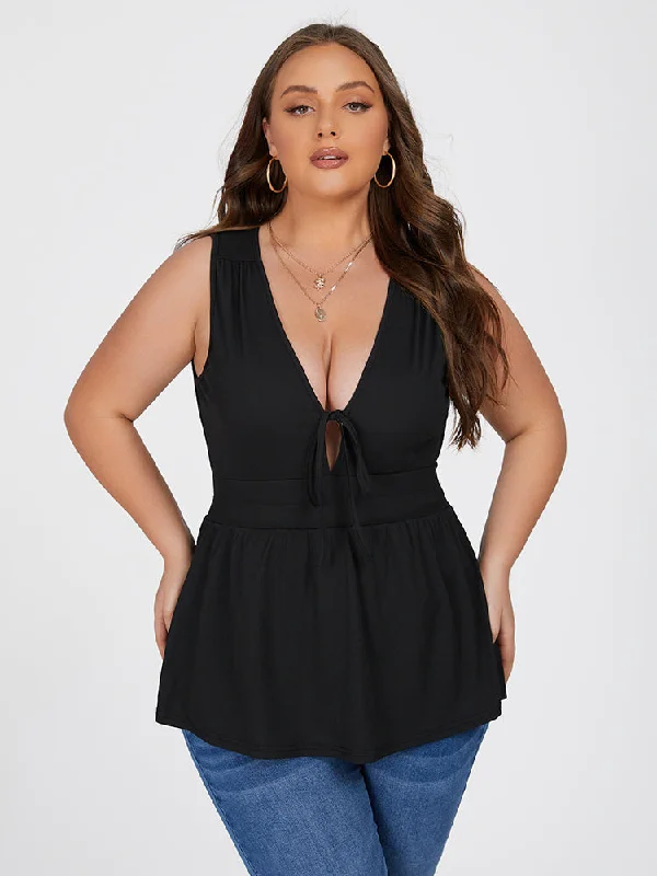 women's tops for those who want to wear versatile pieces that can be dressed up or downPlus Black Tie Front Ruffle Hem Tank Top