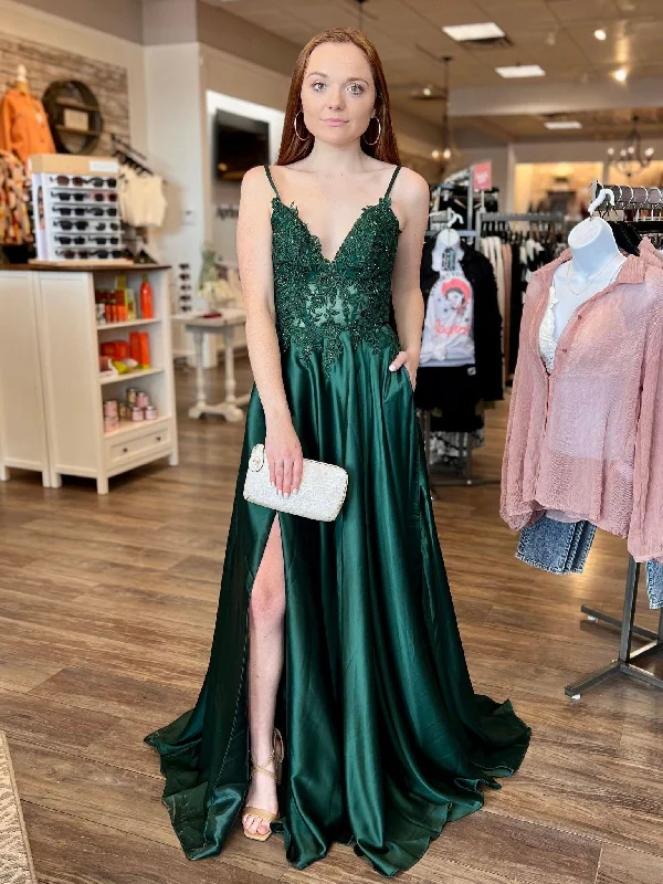 summer party dressesV Neck Green Lace Long Prom Dresses with High Slit, Green Lace Formal Dresses, Green Evening Dresses SP2591