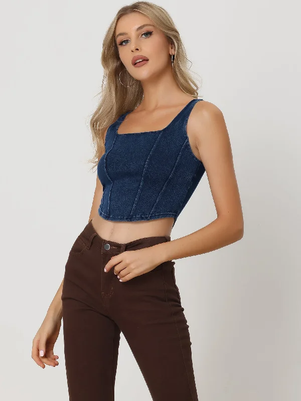 three-quarter sleeve women's topsWomen's Denim Sleeveless Top Square Neck Cropped Stretch Tank Top