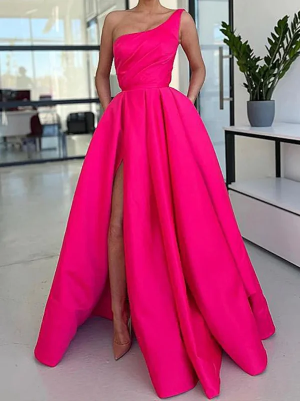 lightweight party dressesOne Shoulder Pink Satin Long Prom Dresses with High Slit, Long Pink Formal Graduation Evening Dresses SP2528