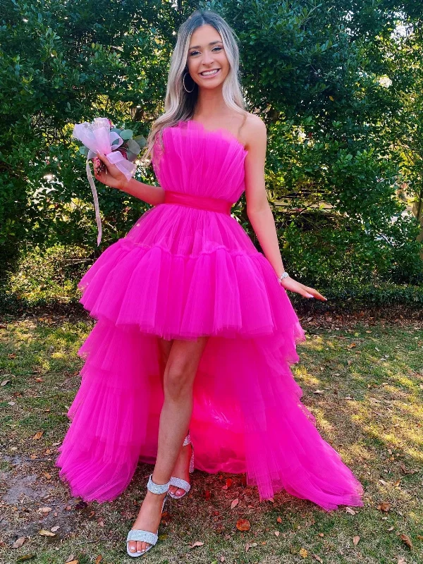 satin party dressesStrapless High Low Hot Pink Tulle Long Prom Dresses, Hot Pink Formal Graduation Evening Dresses SP2520