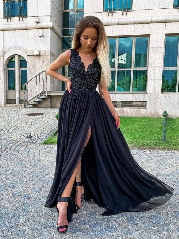 flowy party dressesV Neck Black Lace Long Prom Dresses with High Slit, Black Lace Formal Graduation Evening Dresses SP2385