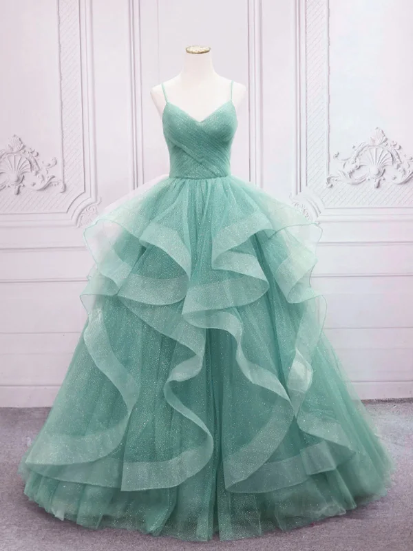 lace party dressesV Neck Open Back Green Tulle Long Prom Dresses, Shiny Green Formal Evening Dresses, Green Ball Gown SP2562