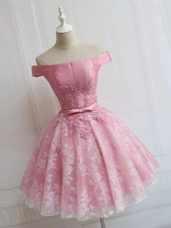 sustainable party dressesOff the Shoulder Short Pink Lace Prom Dresses, Off Shoulder Pink Homecoming Dresses, Short Pink Formal Evening Dresses