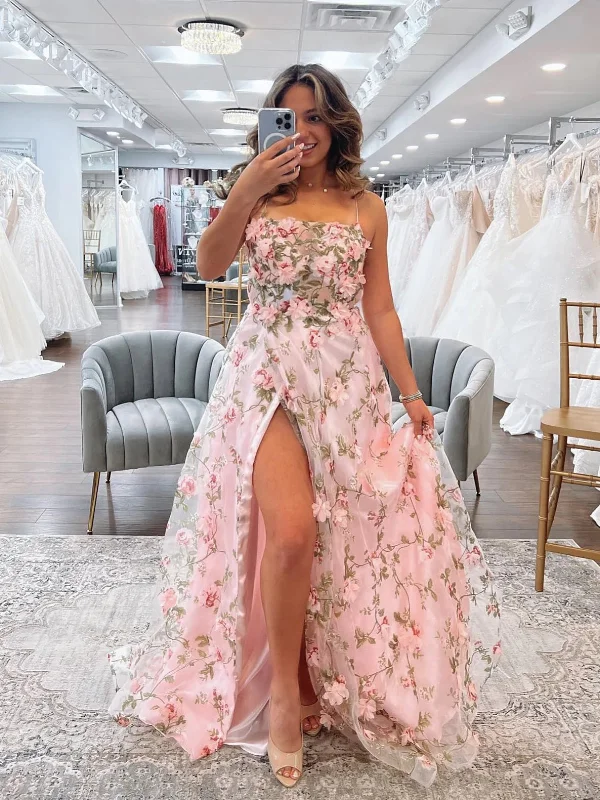 affordable party dressesA Line Pink Floral Long Prom Dresses with High Slit, Long Pink Formal Graduation Evening Dresses with 3D Flowers SP2632