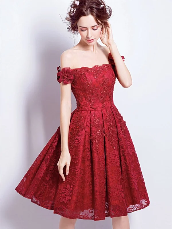 A-line party dressesOff Shoulder Burgundy Lace Short Prom Homecoming Dresses, Burgundy Lace Formal Graduation Evening Dresses, Burgundy Cocktail Dresses