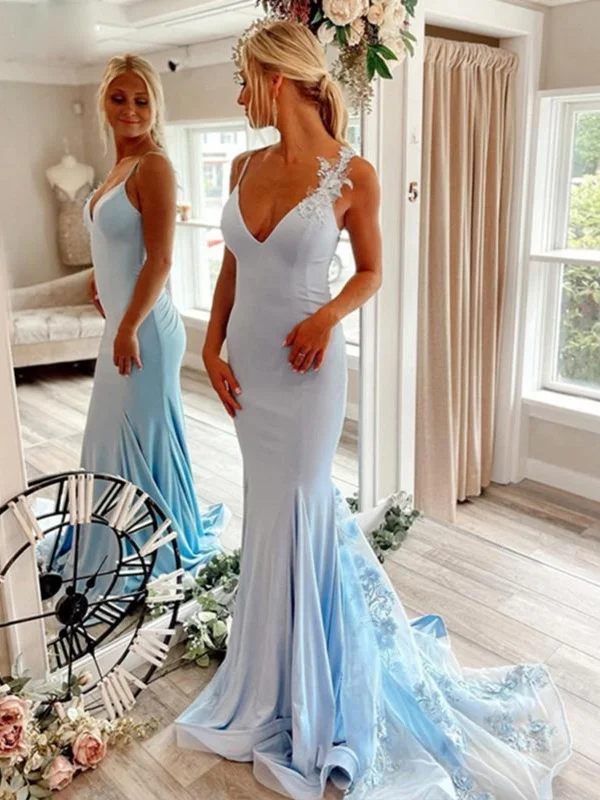 halter-neck party dressesOpen Back V Neck Mermaid Blue Floral Long Prom Dresses, Mermaid Blue Formal Evening Dresses with Flowers SP2515