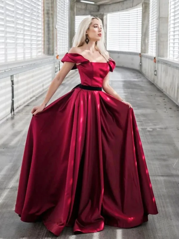 body-skimming party dressesOff Shoulder Burgundy Satin Long Prom Dresses, Off the Shoulder Formal Dresses, Burgundy Evening Dresses SP2546