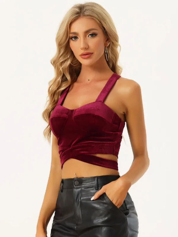 women's tops with cold-shoulder cutsCrop Tank Tops Strappy Deep V Sleeveless Velvet Tube Top