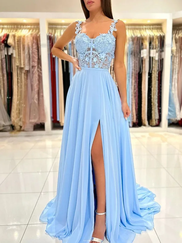 mermaid party dressesSweetheart Neck Blue Lace Floral Long Prom Dresses with High Slit, Blue Lace Formal Graduation Evening Dresses SP2539