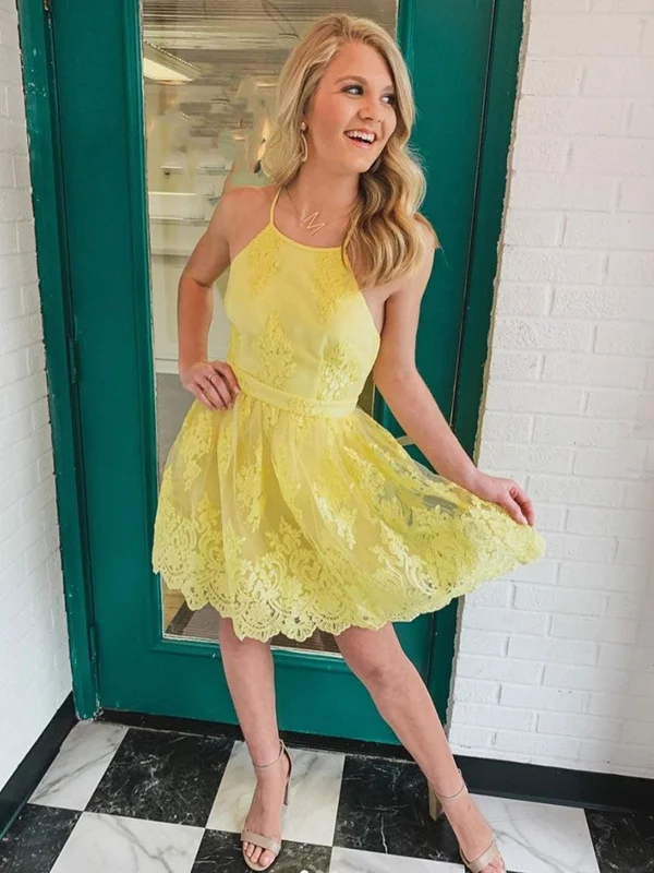 custom-made party dressesElegant Open Back Yellow Lace Short Prom Dresses, Yellow Lace Homecoming Dresses, Yellow Formal Evening Dresses