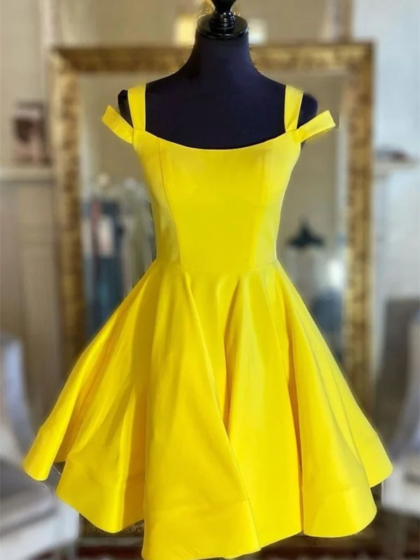 chiffon party dressesOff Shoulder Yellow Satin Short Prom Dresses, Off the Shoulder Yellow Homecoming Dresses, Short Yellow Formal Evening Dresses