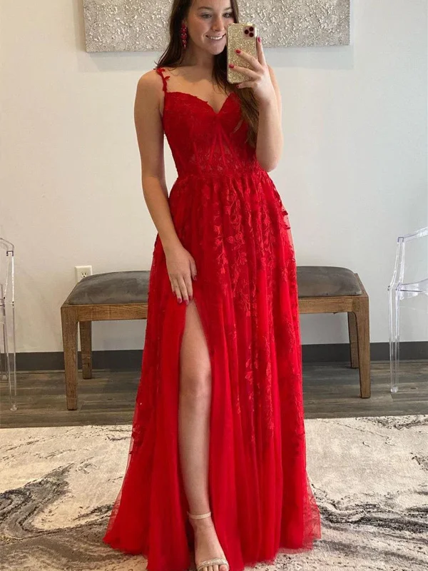 semi-formal party dressesA Line V Neck Red Lace Tulle Long Prom Dresses with High Slit, Floor Length Red Lace Formal Graduation Evening Dresses SP2335