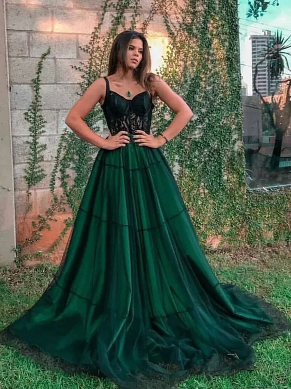 satin party dressesDark Green Lace Tulle Long Prom Dresses, Dark Green Formal Graduation Evening Dresses with Lace Appliques SP2366