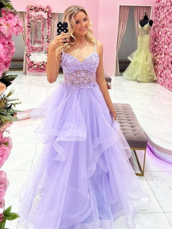 metallic party dressesGorgeous V Neck Beaded Purple Lace Floral Long Prom Dresses, Purple Lace Formal Dresses, Lilac Tulle Evening Dresses SP2405