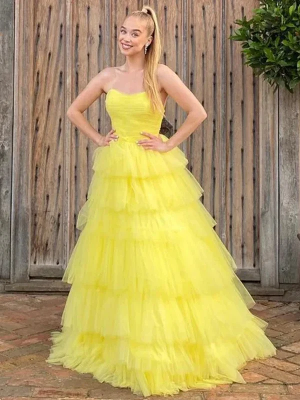 black-tie party dressesStrapless Yellow Tulle Layered Long Prom Dresses, Yellow Formal Evening Dresses, Ball Gown SP2649