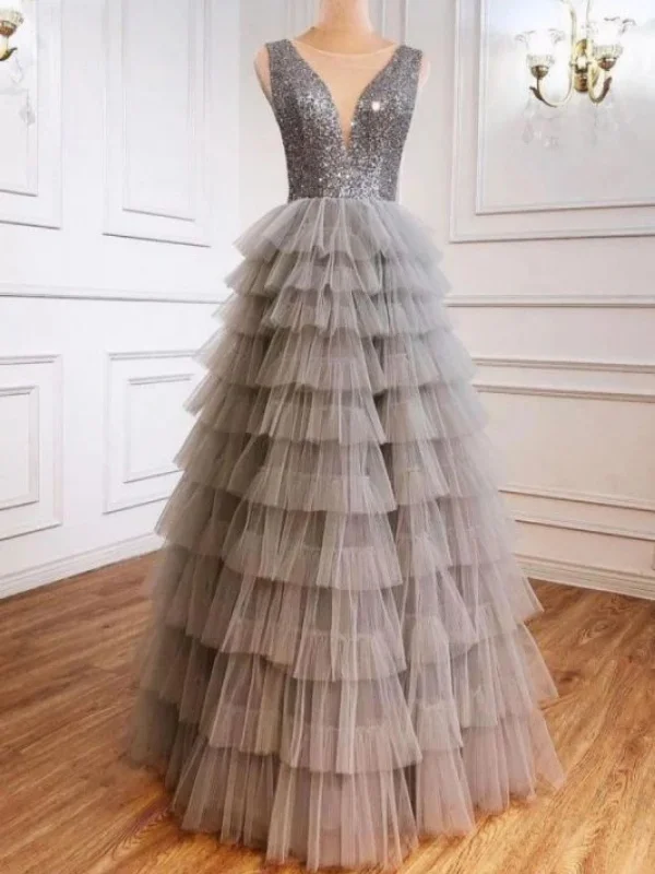 sequined party dressesV Neck Layered Gray Sequins Long Prom Dresses, Long Gray Tulle Formal Dresses, Gray Evening Dresses SP2669