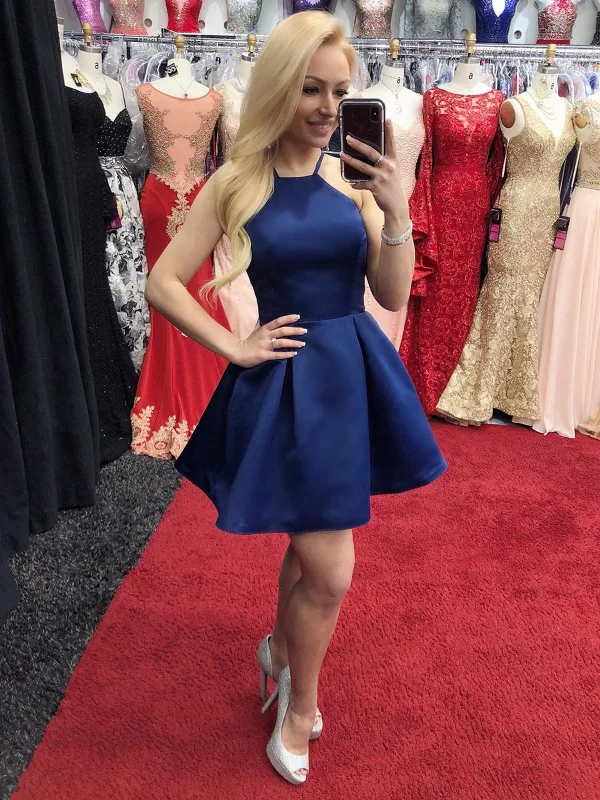 midi party dressesCute A Line Blue Satin Short Prom Homecoming Dresses, Short Blue Formal Graduation Evening Dresses SP2080