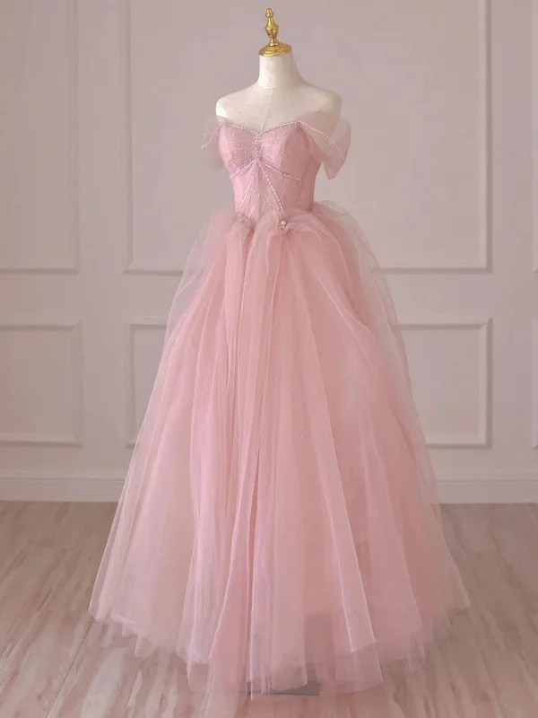 flutter-sleeve party dressesOff Shoulder Beaded Pink Tulle Long Prom Dresses, Off the Shoulder Formal Dresses, Pink Evening Dresses SP2621