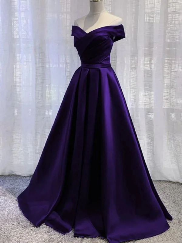 bohemian party dressesOff Shoulder Purple Satin Long Prom Dresses, Long Purple Formal Graduation Evening Dresses SP2540