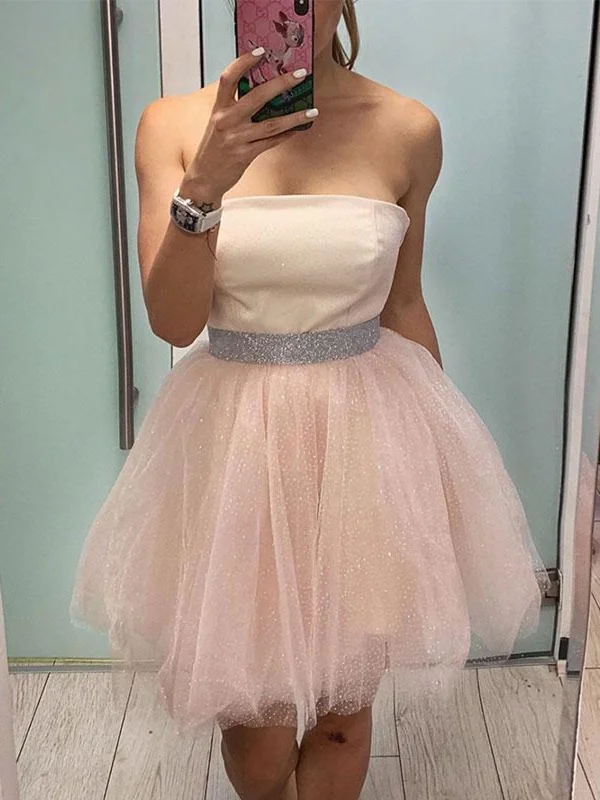 comfortable party dressesPrincess Strapless Short Pink Homecoming Prom Dresses with Belt, Pink Formal Graduation Evening Dresses