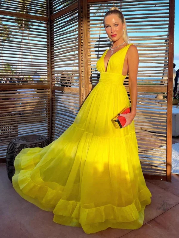 Halloween party dressesA Line V Neck Yellow Tulle Long Prom Dresses, Long Yellow Formal Graduation Evening Dresses SP2601