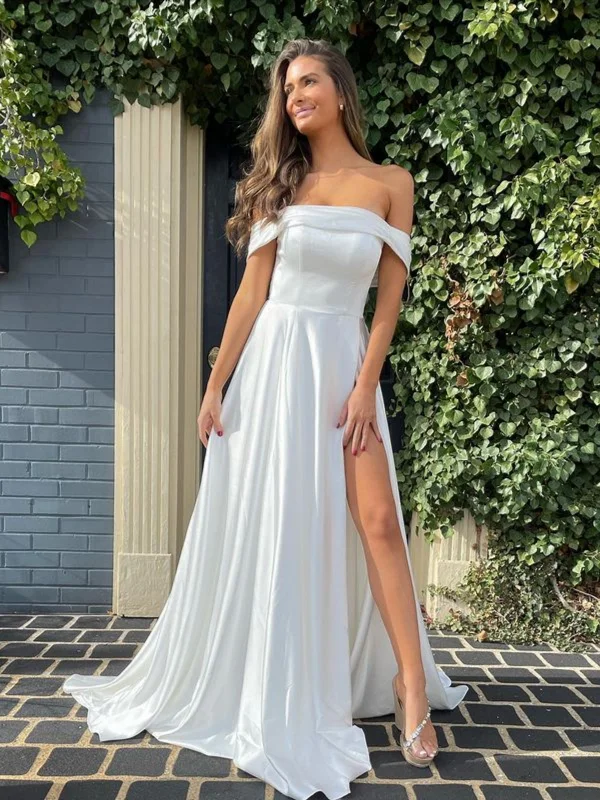 bohemian party dressesSimple Off Shoulder White Satin Long Prom Dresses with High Slit, Off the Shoulder White Formal Graduation Evening Dresses SP2599