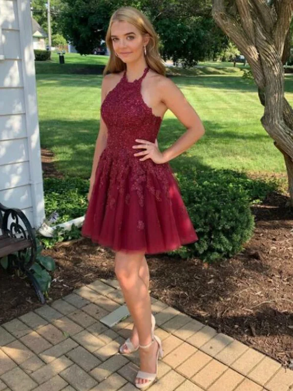 vintage party dressesA Line Halter Neck Cross Back Burgundy Lace Short Prom Dresses Homecoming Dresses, Burgundy Lace Formal Graduation Evening Dresses