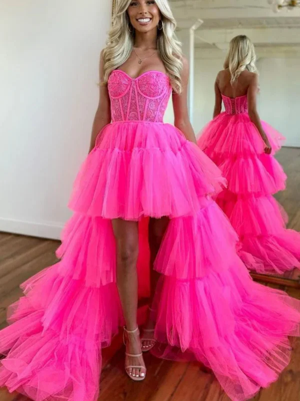 homecoming party dressesStrapless Layered High Low Hot Pink Tulle Lace Long Prom Dresses, Hot Pink Lace Formal Evening Dresses, High Low Ball Gown SP2594