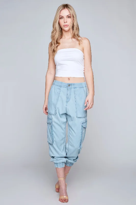 women's denim jeans for winterMARISA - High Rise Lightweight Drop Crotch Cargo Jogger - Light Blue Bleach Lyocell Denim