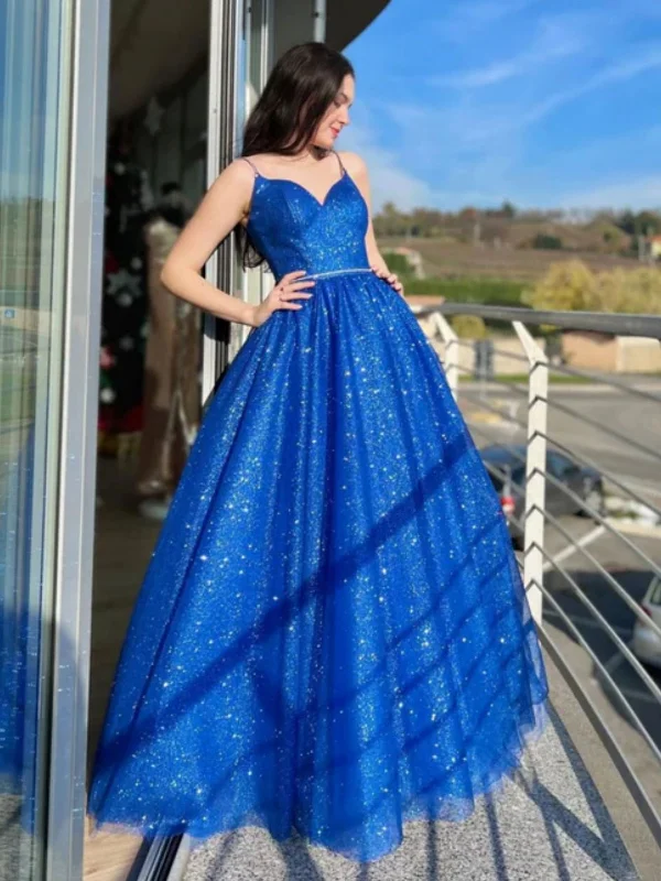 long party dressesShiny V Neck Open Back Blue Tulle Long Prom Dresses, Blue Tulle Formal Dresses, Blue Evening Dresses SP2567