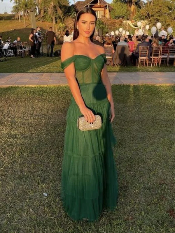 tulle party dressesOff Shoulder Green Tulle Long Prom Dresses, Long Green Formal Graduation Evening Dresses SP2658