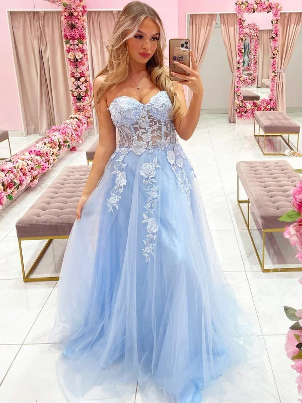 eco-friendly party dressesStrapless Sweetheart Neck Lace Appliques BLue Long Prom Dresses, Blue Tulle Formal Dresses with Lace Appliques, Blue Evening Dresses SP2392